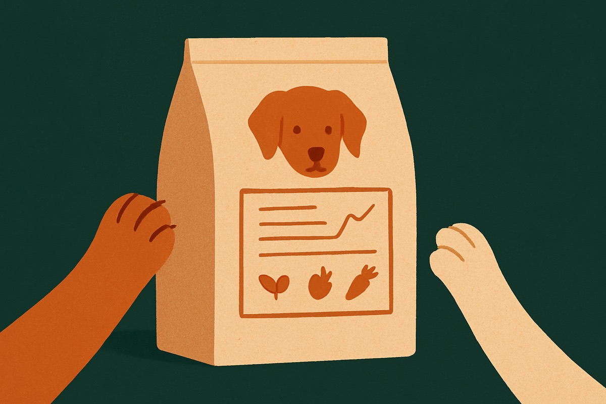 Illustration of a dog paw and cat paw reaching toward a pet food bag on a deep forest green background