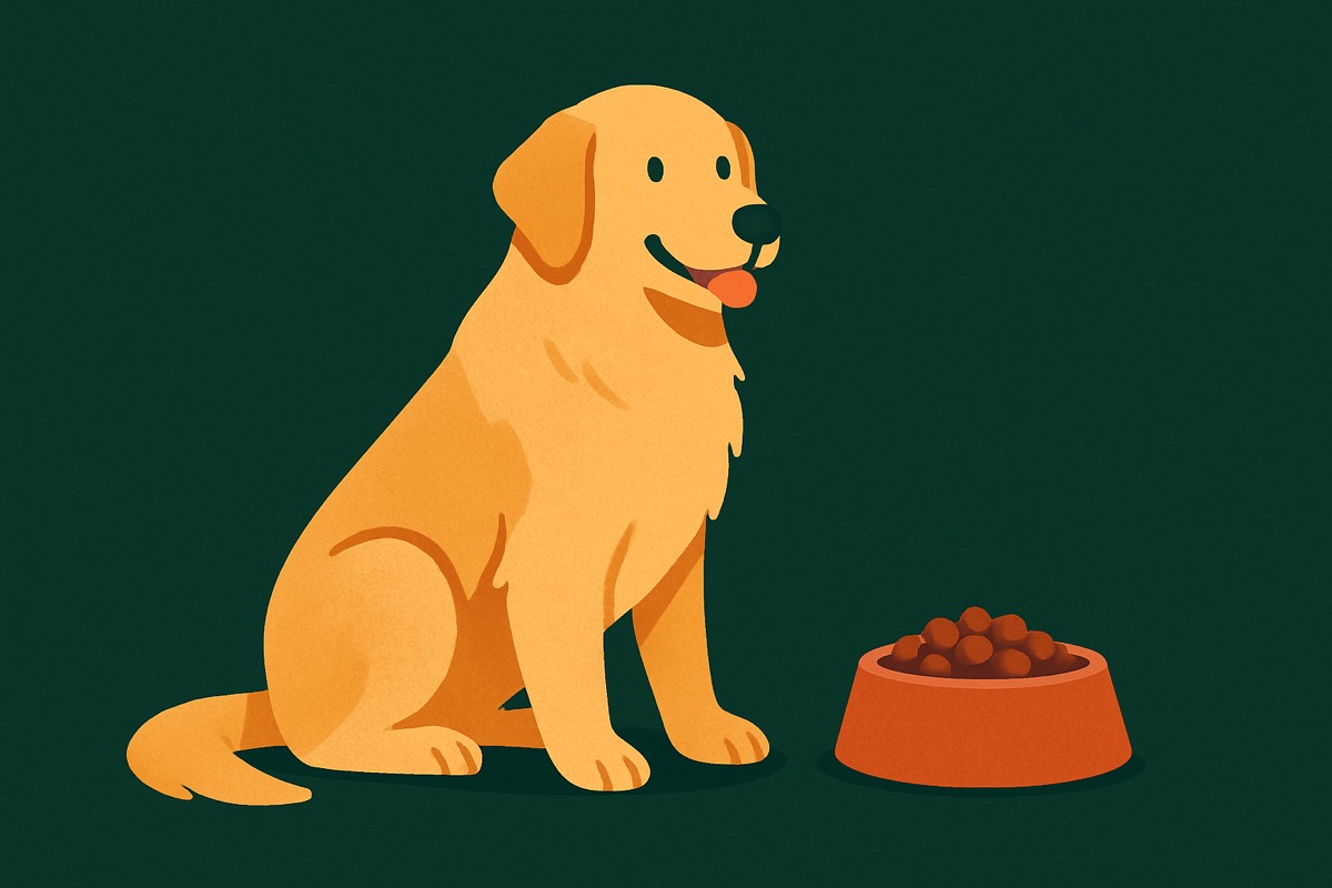 Illustration of a happy golden retriever next to a terracotta food bowl on a deep forest green background