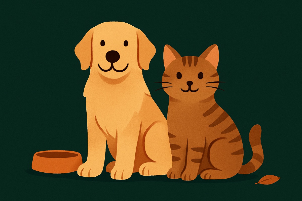 A friendly golden retriever dog and a calm tabby cat sitting side by side